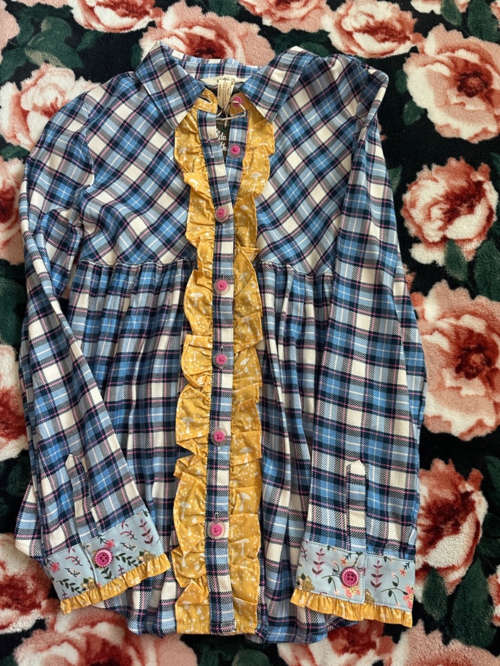 Girls NWT size 10 Matilda Jane Plaid Ruffle Button-Front Shirt with Floral Cuffs
